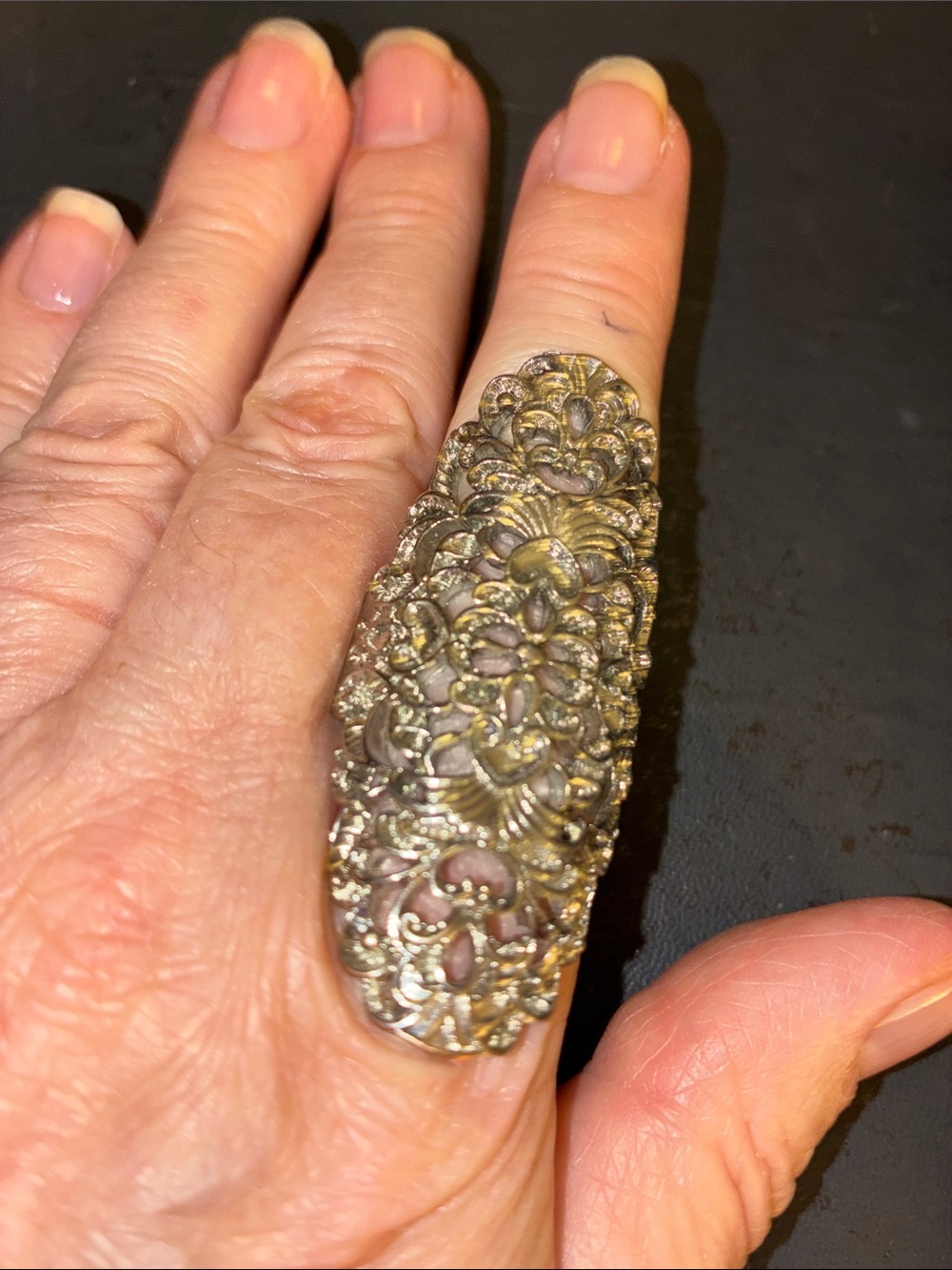 Intricate Filigree Long Cocktail Stretch Ring in Antique Silver Tone